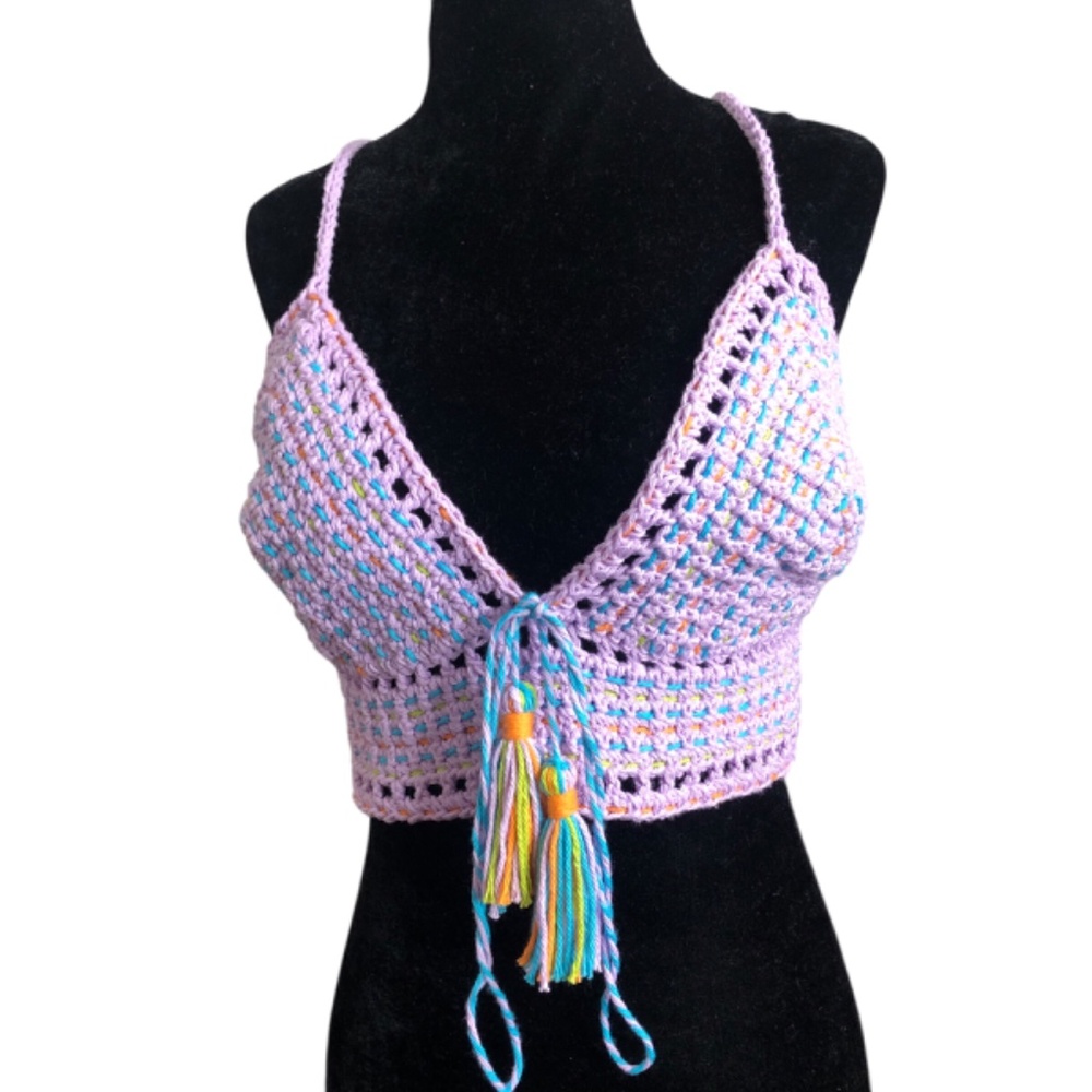 Elegant Handmade Crochet Crop Top – Bohemian Festival Bralette w/Tassels